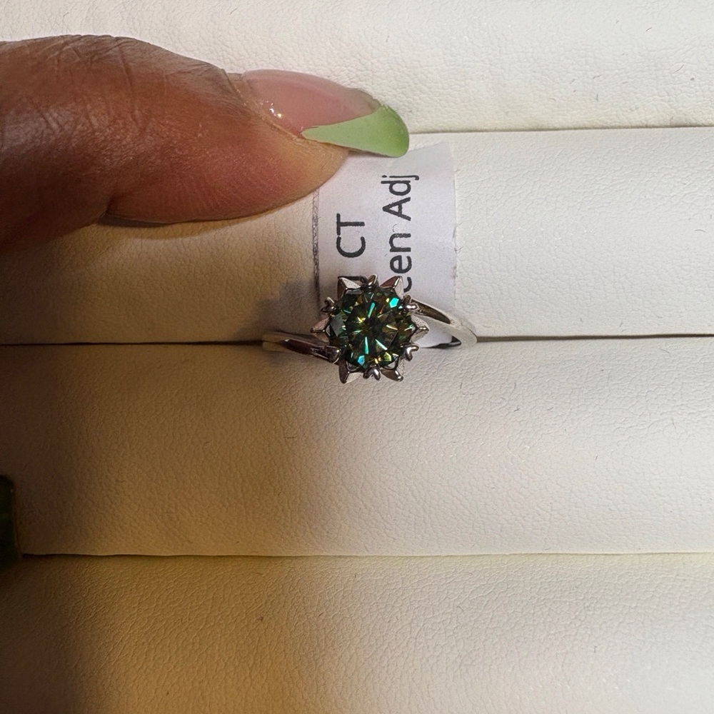 1CT green moissanite adjustable, ring, stamped 925 sterling silver